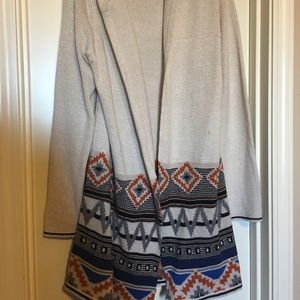 Long Hooded Aztec Print Cardigan Sweater